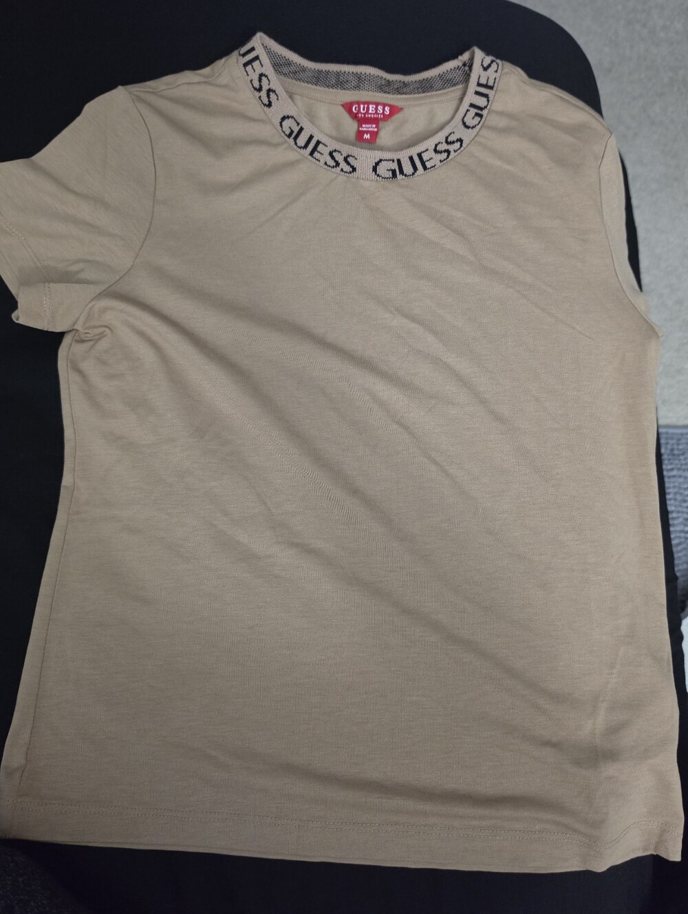 GUESS Beige Short Sleeve Logo-Trim Tee
